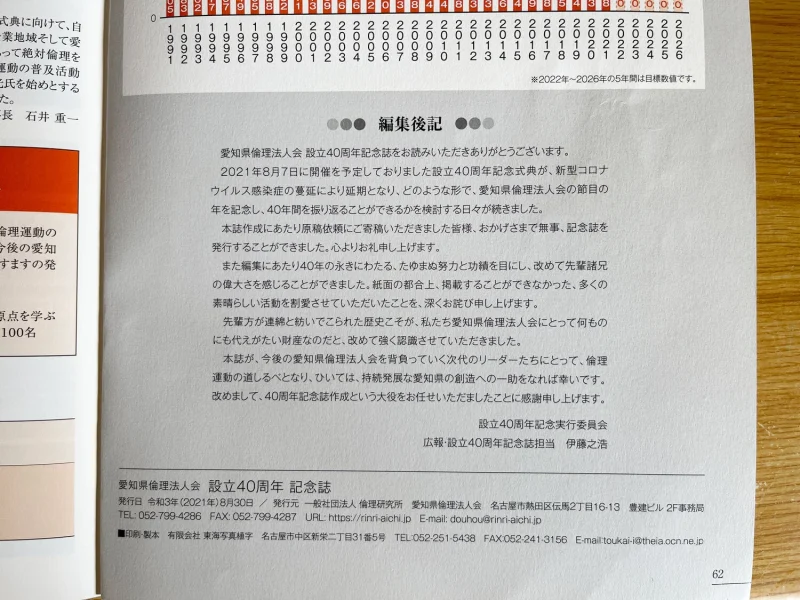 設立40周年記念誌の編集後記