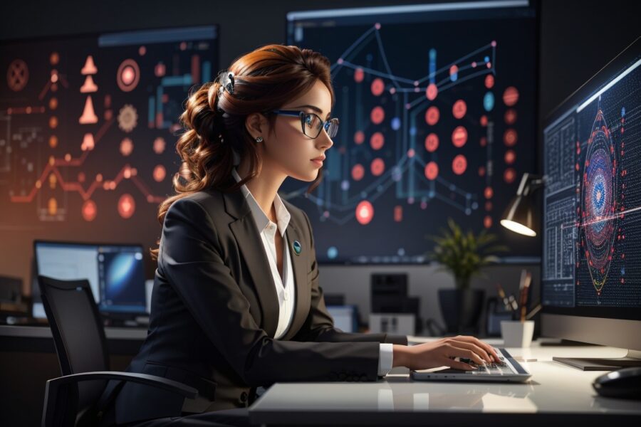 AIに囲まれて仕事をする女性のイメージ