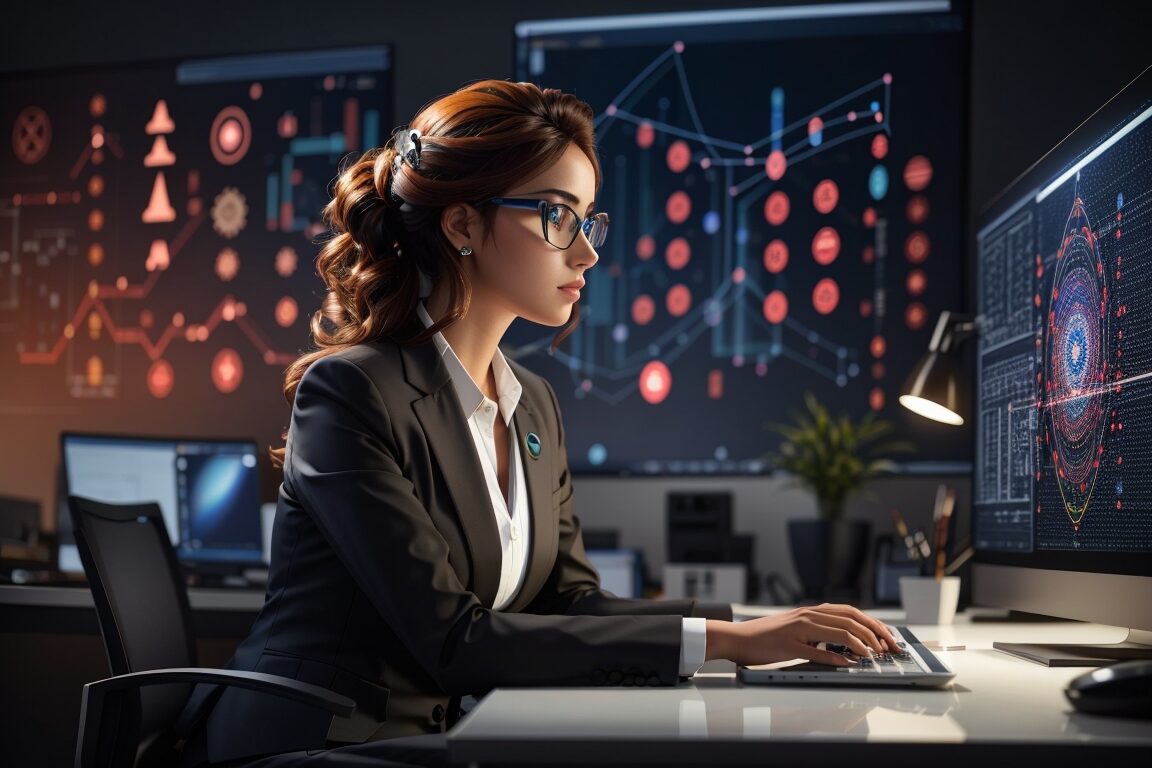 AIに囲まれて仕事をする女性のイメージ