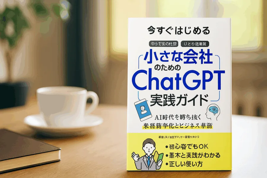 自宅のオフィスで、机の上に置かれた電子書籍「ChatGPT実践ガイド」のモックアップ画像。