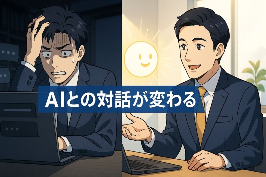 AIとの対話が進化し、未来のビジネスパートナーシップを築く様子を象徴するイラスト。ChatGPTへの指示の出し方を変えるだけで、AIは最高の相棒になる。