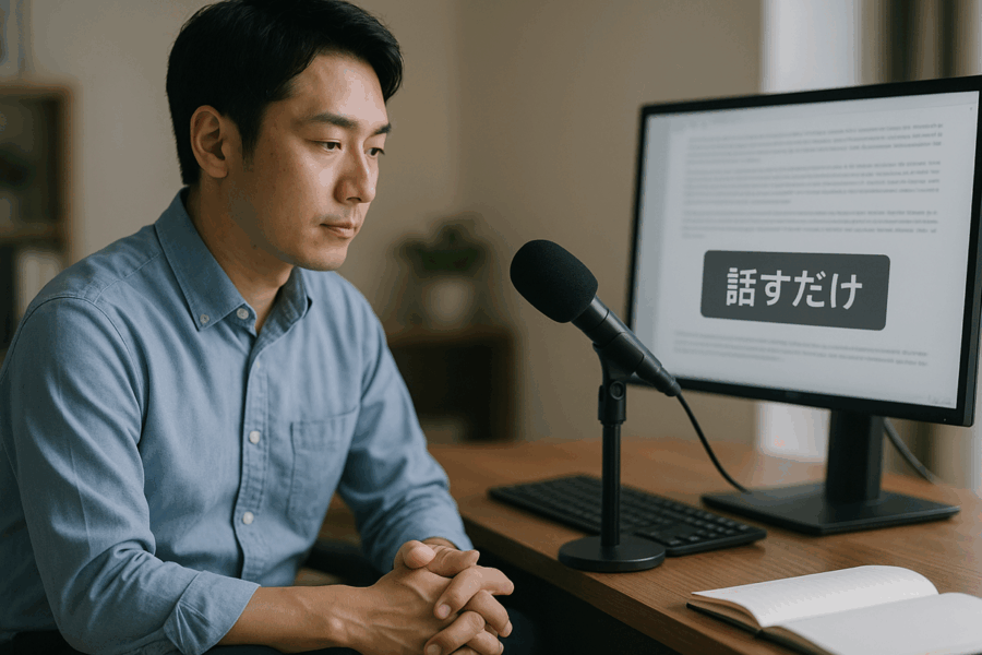 デスクでキーボードを触らず、スタンドマイクに向かって話すことで仕事をする男性。