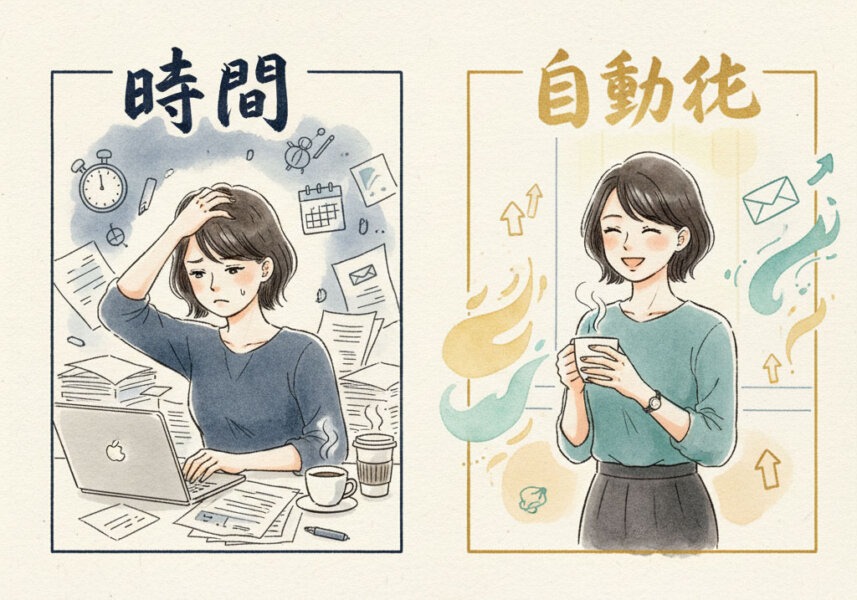 左側(時間):書類やパソコンに囲まれ、時計やカレンダーに追われながら疲れた表情で働く起業家 右側(自動化):コーヒーを片手に笑顔でスマホを見る余裕のある起業家。周囲には自動化された仕組み(メール、矢印、成長グラフ)が優しく流れている