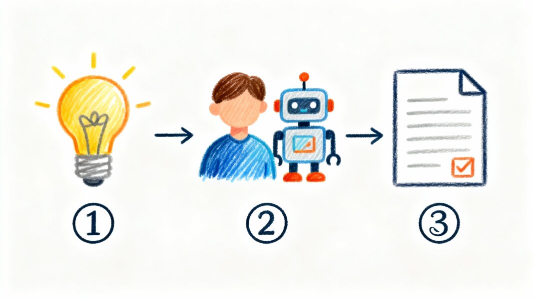 AI導入の3ステップを図解した手書き風イラスト｜①アイデア出し ②試行 ③仕組み化